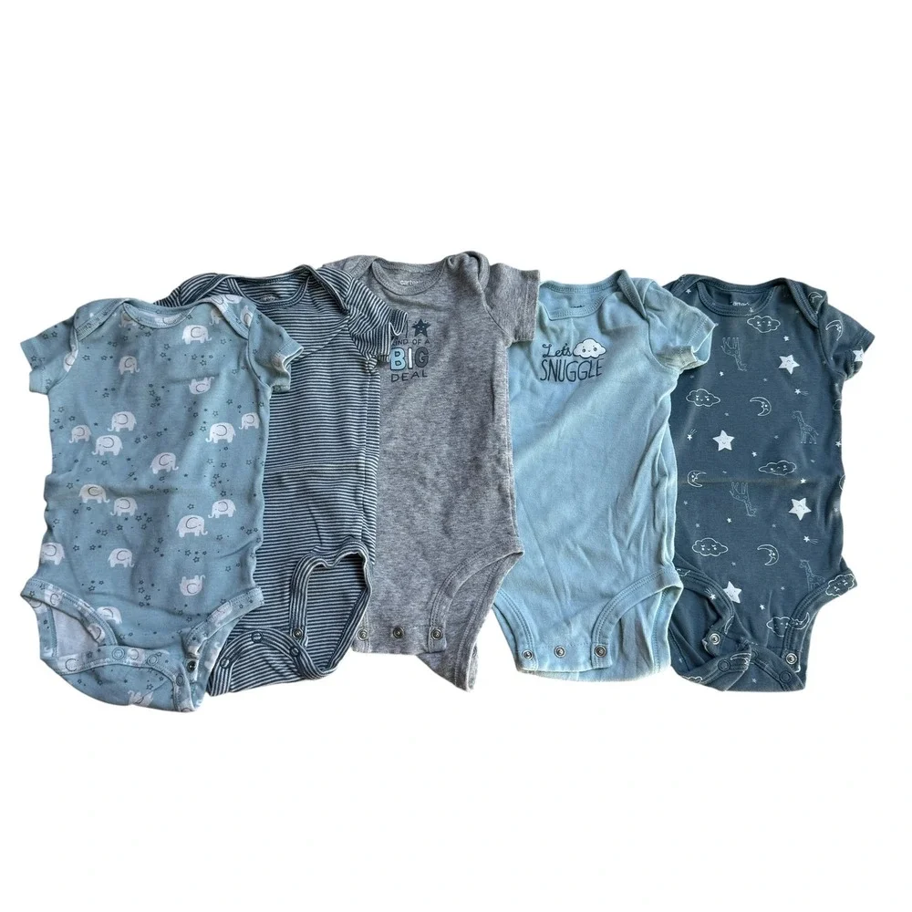 Carter's Bodysuits Baby 6M Blue Grey Short Sleeve 5-Pack Bundle